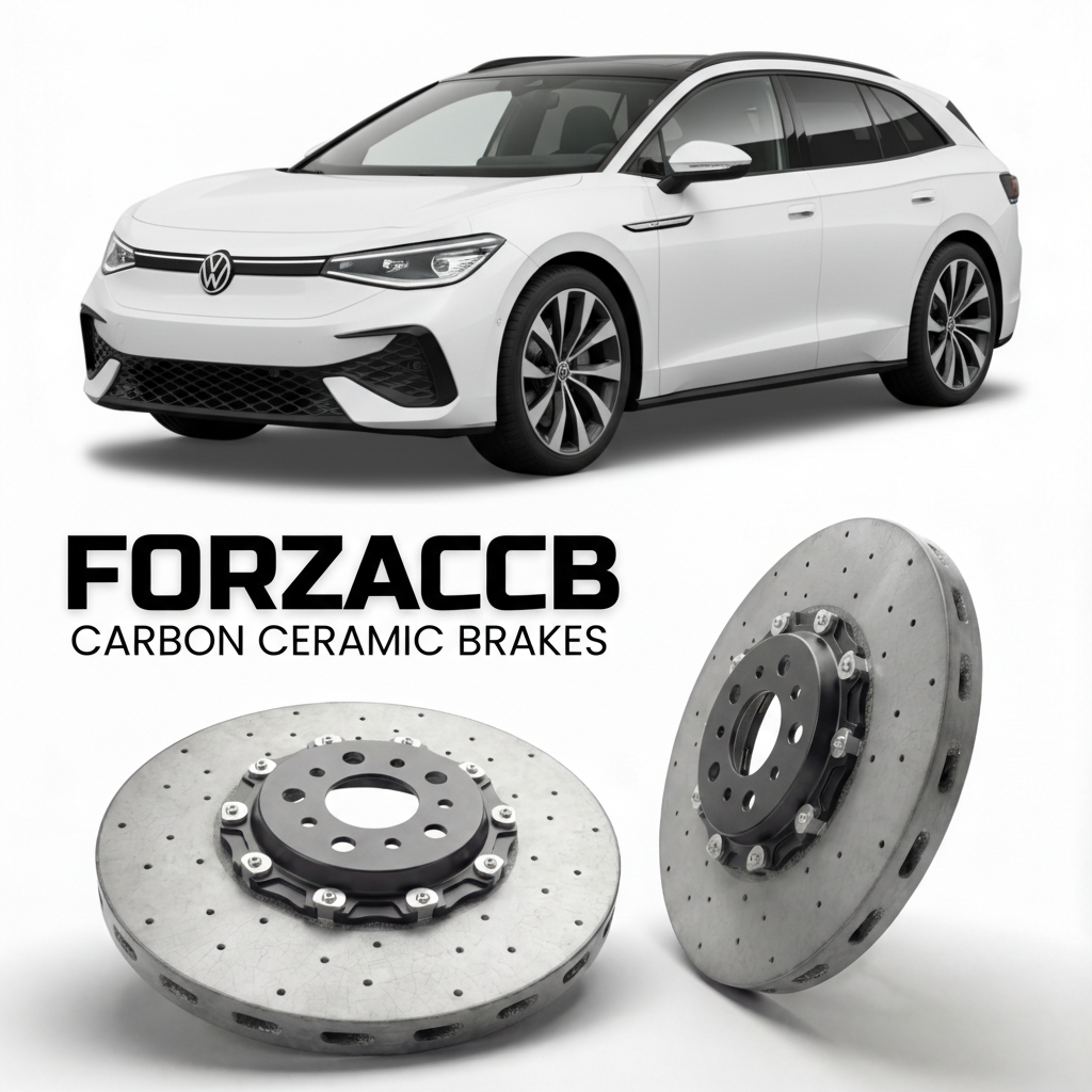 ForzaCCB direct OEM replacement carbon ceramic brake rotors for 2024- Volkswagen ID.7 GTX Tourer ED models, shown with a white Volkswagen ID.7 GTX Tourer car.