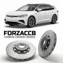 ForzaCCB direct OEM replacement carbon ceramic brake rotors for 2024- Volkswagen ID.7 Tourer ED models, shown with a white Volkswagen ID.7 Tourer car.