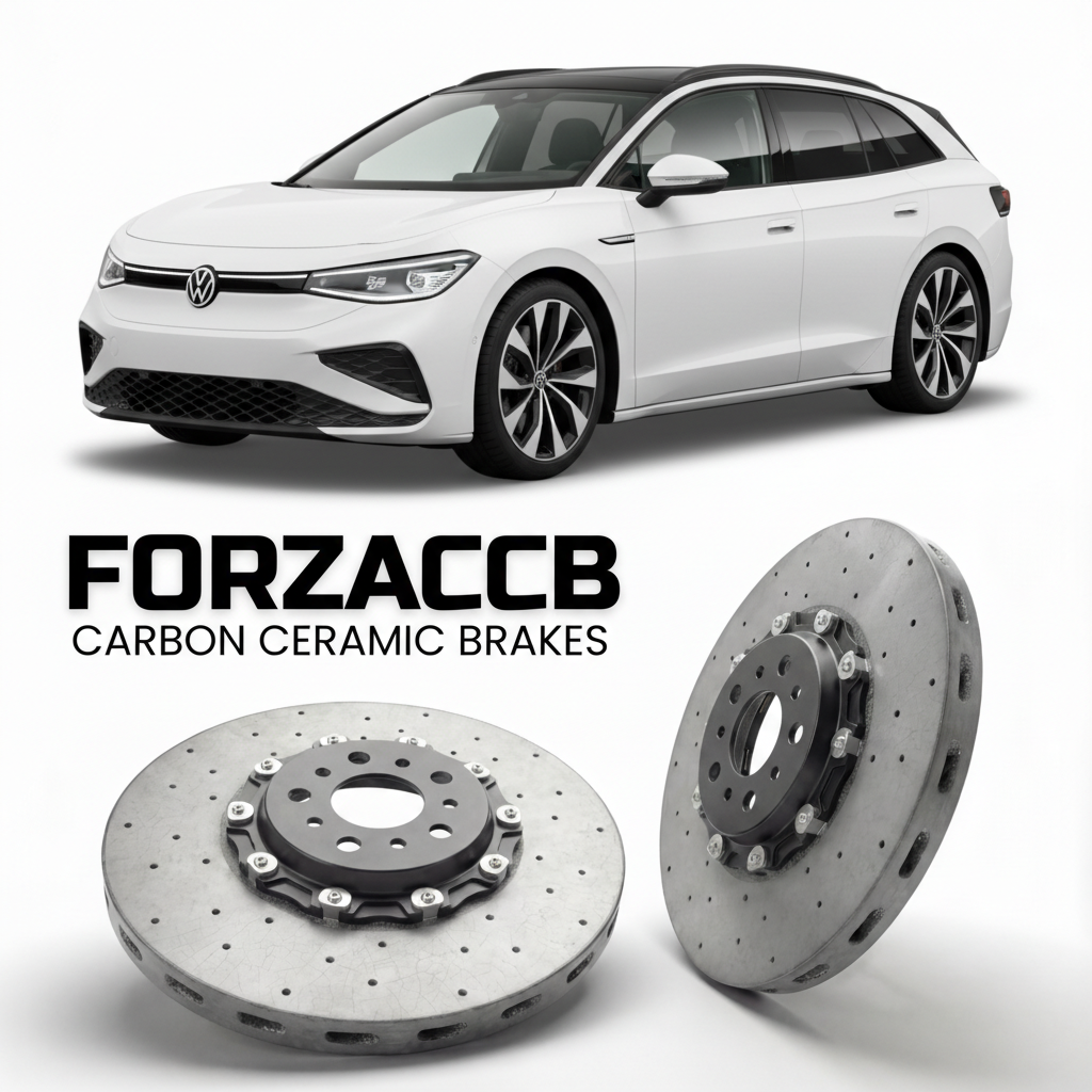 ForzaCCB direct OEM replacement carbon ceramic brake rotors for 2024- Volkswagen ID.7 Tourer ED models, shown with a white Volkswagen ID.7 Tourer car.