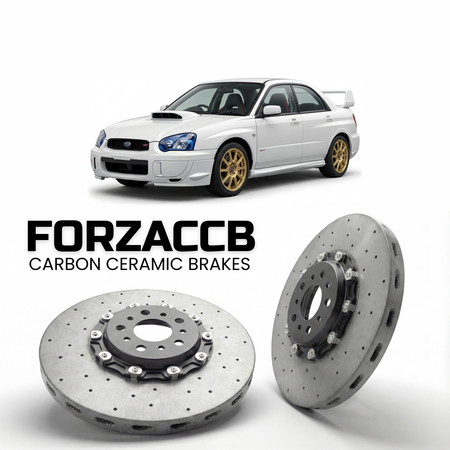 ForzaCCB direct OEM replacement carbon ceramic brake rotors for 1994 to 2007 Subaru Impreza WRX / STI models, shown with a white Subaru Impreza WRX / STI car.