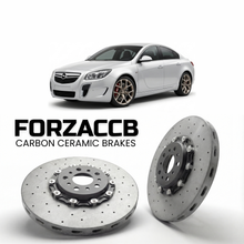 ForzaCCB direct OEM replacement carbon ceramic brake rotors for 2009 to 2017 Opel Insignia OPC models, shown with a white Opel Insignia OPC car.