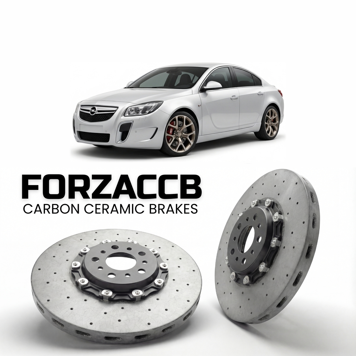 ForzaCCB direct OEM replacement carbon ceramic brake rotors for 2009 to 2017 Opel Insignia OPC models, shown with a white Opel Insignia OPC car.