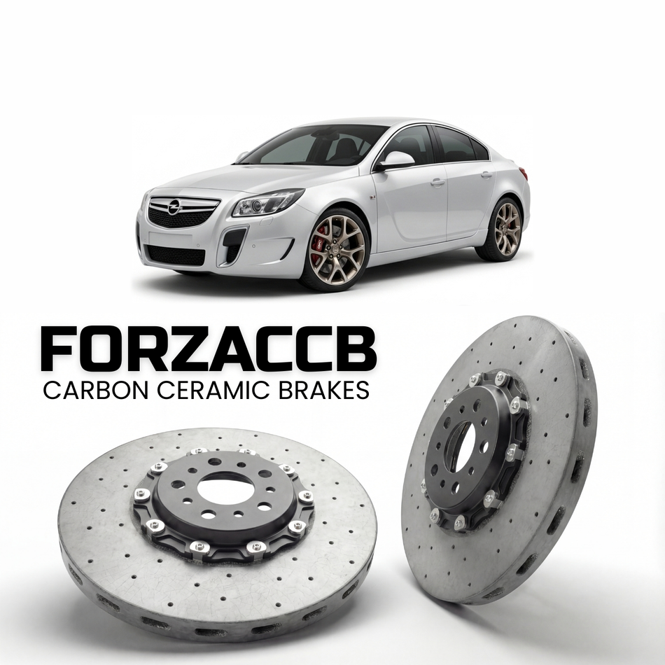 ForzaCCB direct OEM replacement carbon ceramic brake rotors for 2009 to 2017 Opel Insignia OPC models, shown with a white Opel Insignia OPC car.