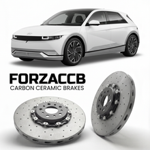 ForzaCCB direct OEM replacement carbon ceramic brake rotors for 2022 to 2026 Hyundai Ioniq 5 models, shown with a white Hyundai Ioniq 5 car.