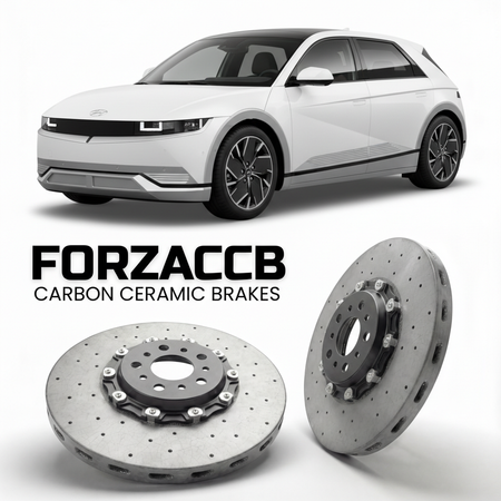 ForzaCCB direct OEM replacement carbon ceramic brake rotors for 2022 to 2026 Hyundai Ioniq 5 models, shown with a white Hyundai Ioniq 5 car.