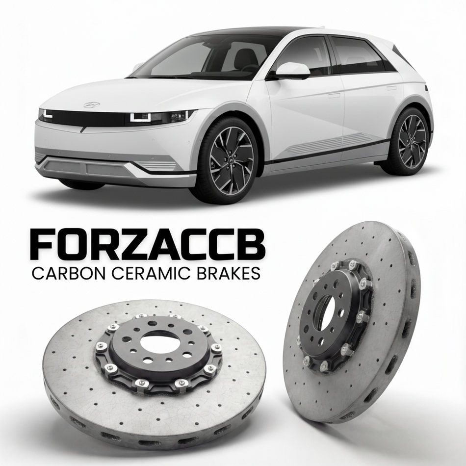 ForzaCCB direct OEM replacement carbon ceramic brake rotors for 2022 to 2026 Hyundai Ioniq 5 models, shown with a white Hyundai Ioniq 5 car.