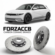 ForzaCCB direct OEM replacement carbon ceramic brake rotors for 2024 to 2026 Hyundai Ioniq 5 N models, shown with a white Hyundai Ioniq 5 N car.