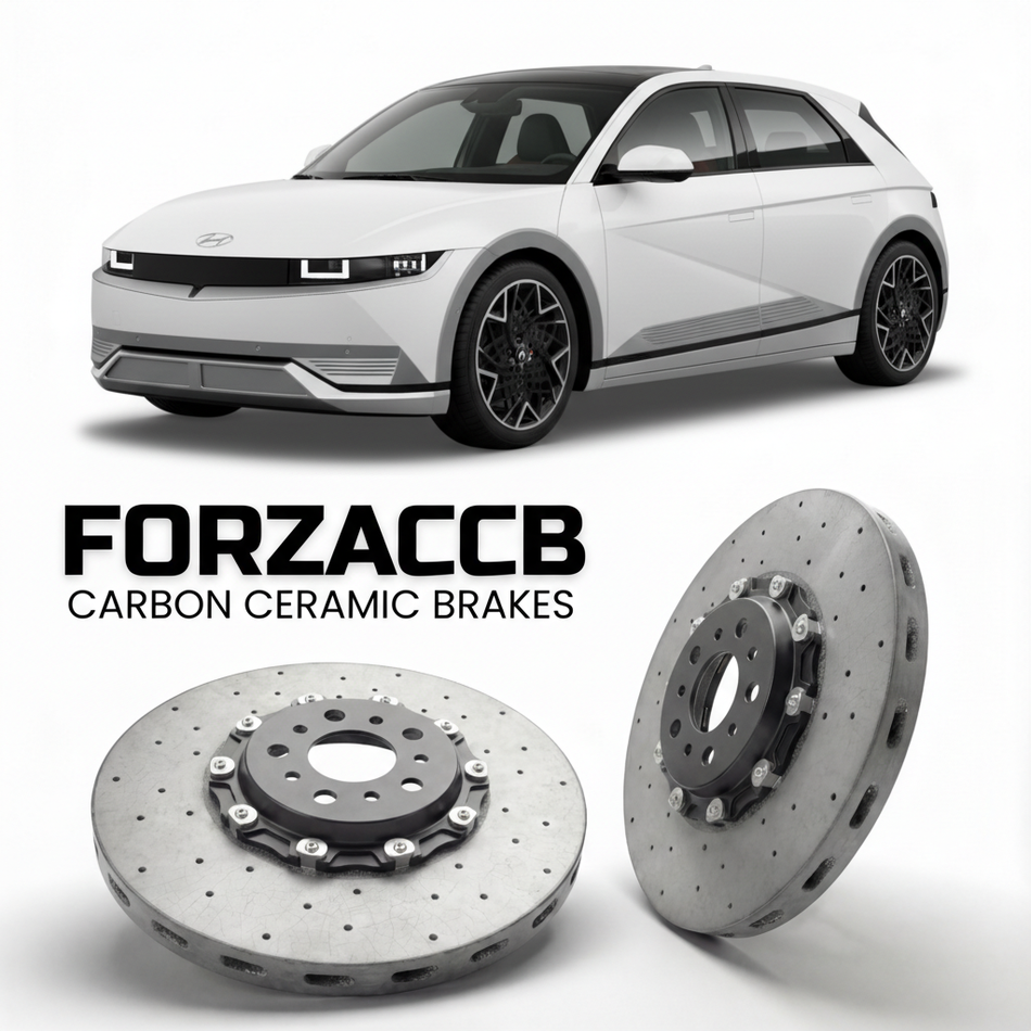 ForzaCCB direct OEM replacement carbon ceramic brake rotors for 2024 to 2026 Hyundai Ioniq 5 N models, shown with a white Hyundai Ioniq 5 N car.