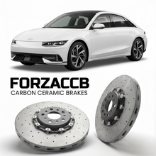 ForzaCCB direct OEM replacement carbon ceramic brake rotors for 2023 to 2026 Hyundai Ioniq 6 models, shown with a white Hyundai Ioniq 6 car.