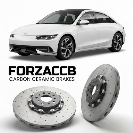 ForzaCCB direct OEM replacement carbon ceramic brake rotors for 2023 to 2026 Hyundai Ioniq 6 models, shown with a white Hyundai Ioniq 6 car.