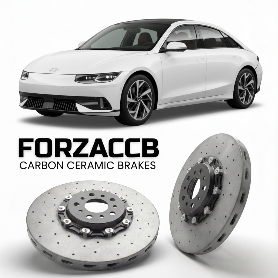ForzaCCB direct OEM replacement carbon ceramic brake rotors for 2023 to 2026 Hyundai Ioniq 6 models, shown with a white Hyundai Ioniq 6 car.