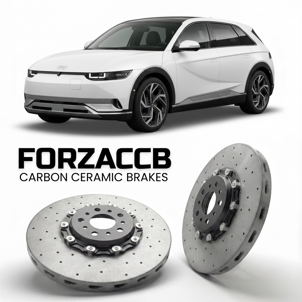 ForzaCCB direct OEM replacement carbon ceramic brake rotors for 2026 Hyundai Ioniq 9 models, shown with a white Hyundai Ioniq 9 car.