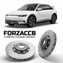 ForzaCCB direct OEM replacement carbon ceramic brake rotors for 2026 Hyundai Ioniq 9 models, shown with a white Hyundai Ioniq 9 car.