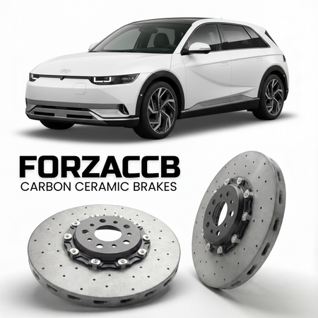 ForzaCCB direct OEM replacement carbon ceramic brake rotors for 2026 Hyundai Ioniq 9 models, shown with a white Hyundai Ioniq 9 car.