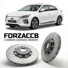 ForzaCCB direct OEM replacement carbon ceramic brake rotors for 2019 to 2022 Hyundai Ioniq Electric models, shown with a white Hyundai Ioniq Electric car.