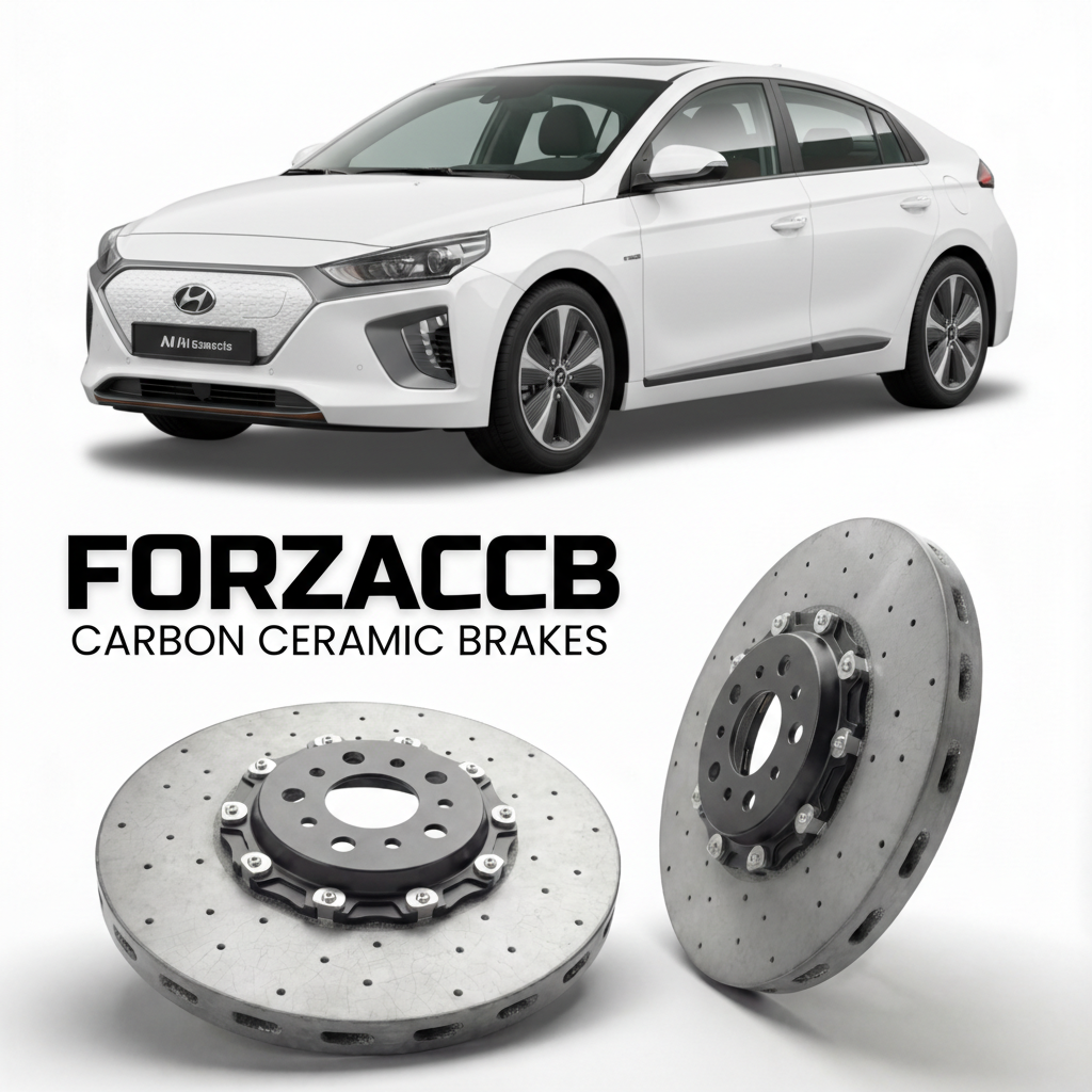 ForzaCCB direct OEM replacement carbon ceramic brake rotors for 2019 to 2022 Hyundai Ioniq Electric models, shown with a white Hyundai Ioniq Electric car.