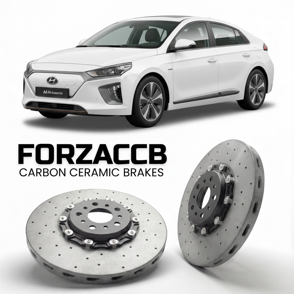 ForzaCCB direct OEM replacement carbon ceramic brake rotors for 2019 to 2022 Hyundai Ioniq Electric models, shown with a white Hyundai Ioniq Electric car.