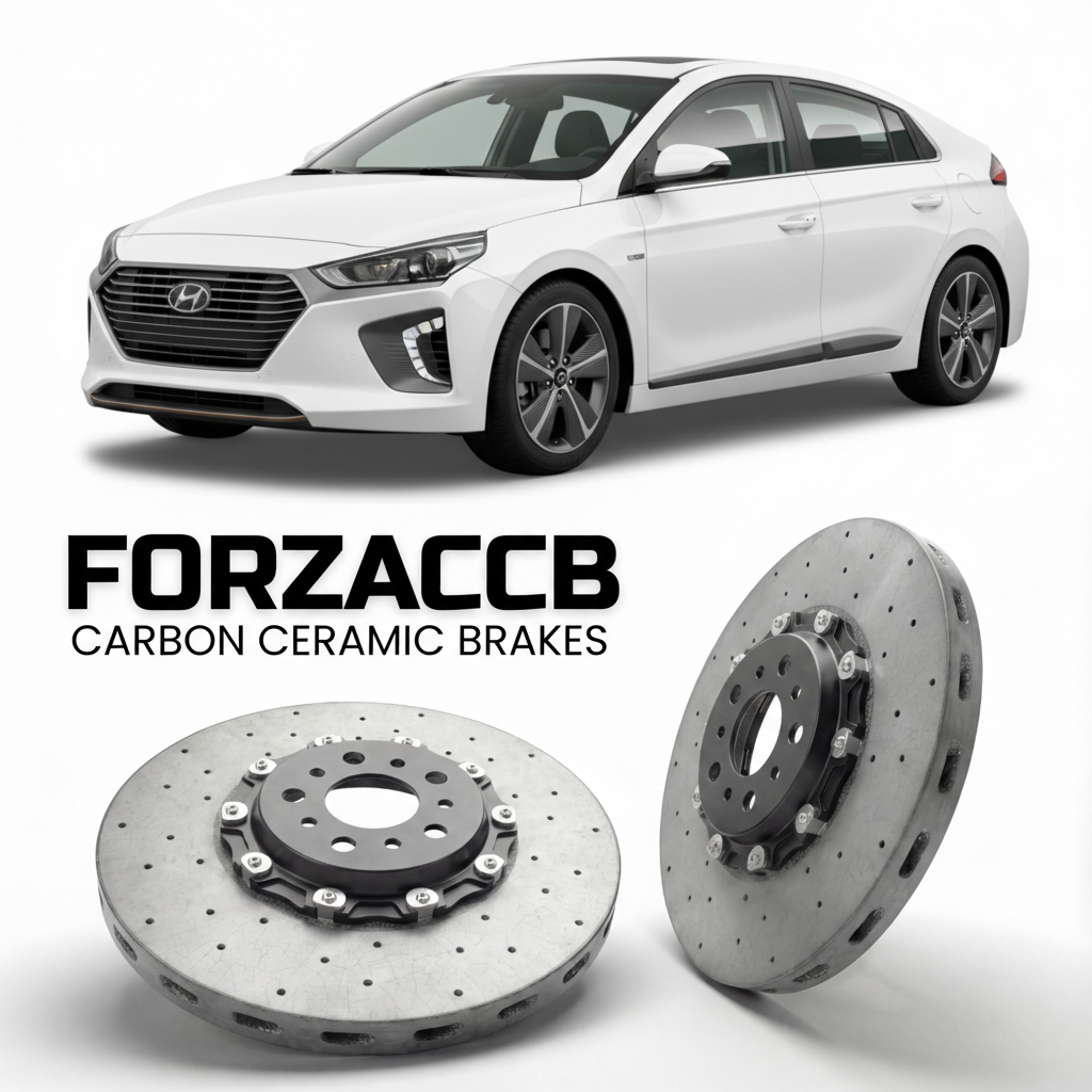 ForzaCCB direct OEM replacement carbon ceramic brake rotors for 2019 to 2022 Hyundai Ioniq Hybrid models, shown with a white Hyundai Ioniq Hybrid car.