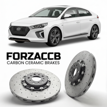 ForzaCCB direct OEM replacement carbon ceramic brake rotors for 2019 to 2022 Hyundai Ioniq Hybrid models, shown with a white Hyundai Ioniq Hybrid car.