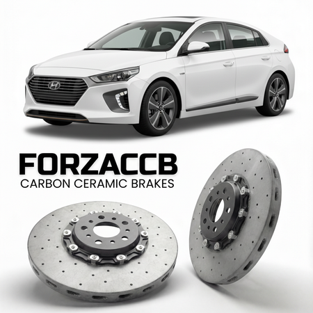 ForzaCCB direct OEM replacement carbon ceramic brake rotors for 2019 to 2022 Hyundai Ioniq Hybrid models, shown with a white Hyundai Ioniq Hybrid car.