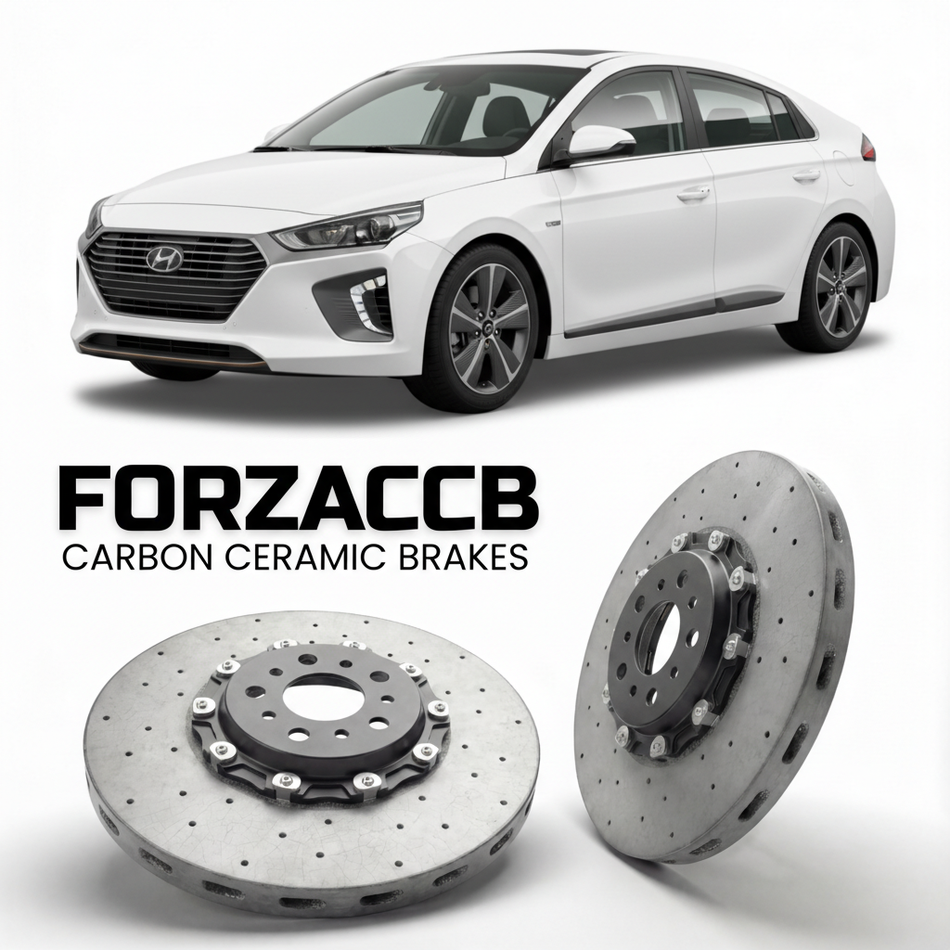 ForzaCCB direct OEM replacement carbon ceramic brake rotors for 2019 to 2022 Hyundai Ioniq Hybrid models, shown with a white Hyundai Ioniq Hybrid car.