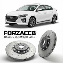 ForzaCCB direct OEM replacement carbon ceramic brake rotors for 2019 to 2022 Hyundai Ioniq Plug-In Hybrid models, shown with a white Hyundai Ioniq Plug-In Hybrid car.