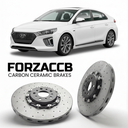 ForzaCCB direct OEM replacement carbon ceramic brake rotors for 2019 to 2022 Hyundai Ioniq Plug-In Hybrid models, shown with a white Hyundai Ioniq Plug-In Hybrid car.