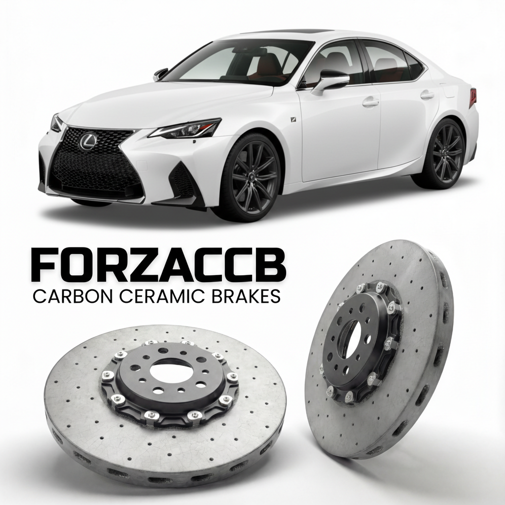 ForzaCCB direct OEM replacement carbon ceramic brake rotors for 2022 and newer Lexus IS 500 XE40 models, shown with a white Lexus IS 500 car.
