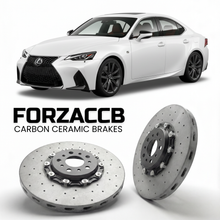 ForzaCCB direct OEM replacement carbon ceramic brake rotors for 2022 and newer Lexus IS 500 XE40 models, shown with a white Lexus IS 500 car.