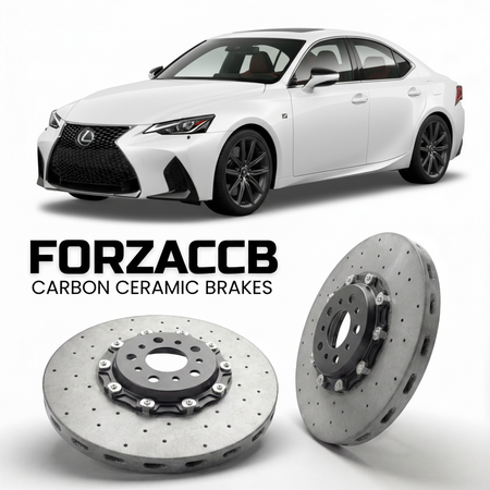 ForzaCCB direct OEM replacement carbon ceramic brake rotors for 2022 and newer Lexus IS 500 XE40 models, shown with a white Lexus IS 500 car.