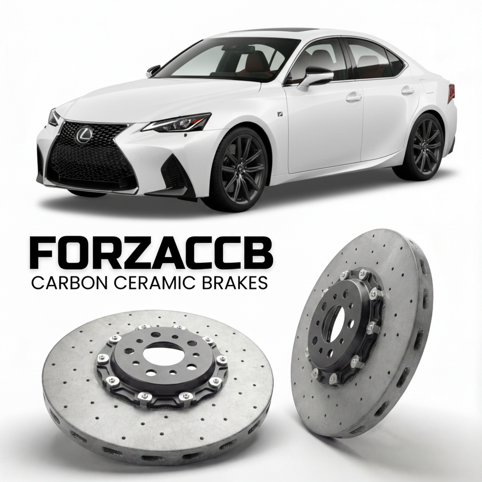ForzaCCB direct OEM replacement carbon ceramic brake rotors for 2022 and newer Lexus IS 500 XE40 models, shown with a white Lexus IS 500 car.
