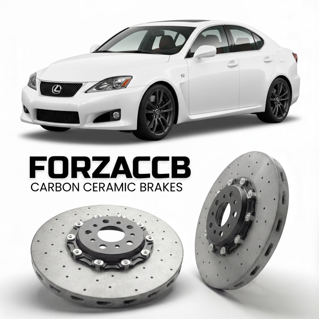 ForzaCCB direct OEM replacement carbon ceramic brake rotors for 2008 to 2014 Lexus IS F USE20 models, shown with a white Lexus IS F car.