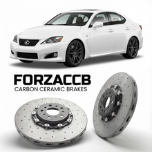 ForzaCCB direct OEM replacement carbon ceramic brake rotors for 2008 to 2014 Lexus IS F USE20 models, shown with a white Lexus IS F car.