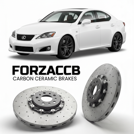 ForzaCCB direct OEM replacement carbon ceramic brake rotors for 2008 to 2014 Lexus IS F USE20 models, shown with a white Lexus IS F car.
