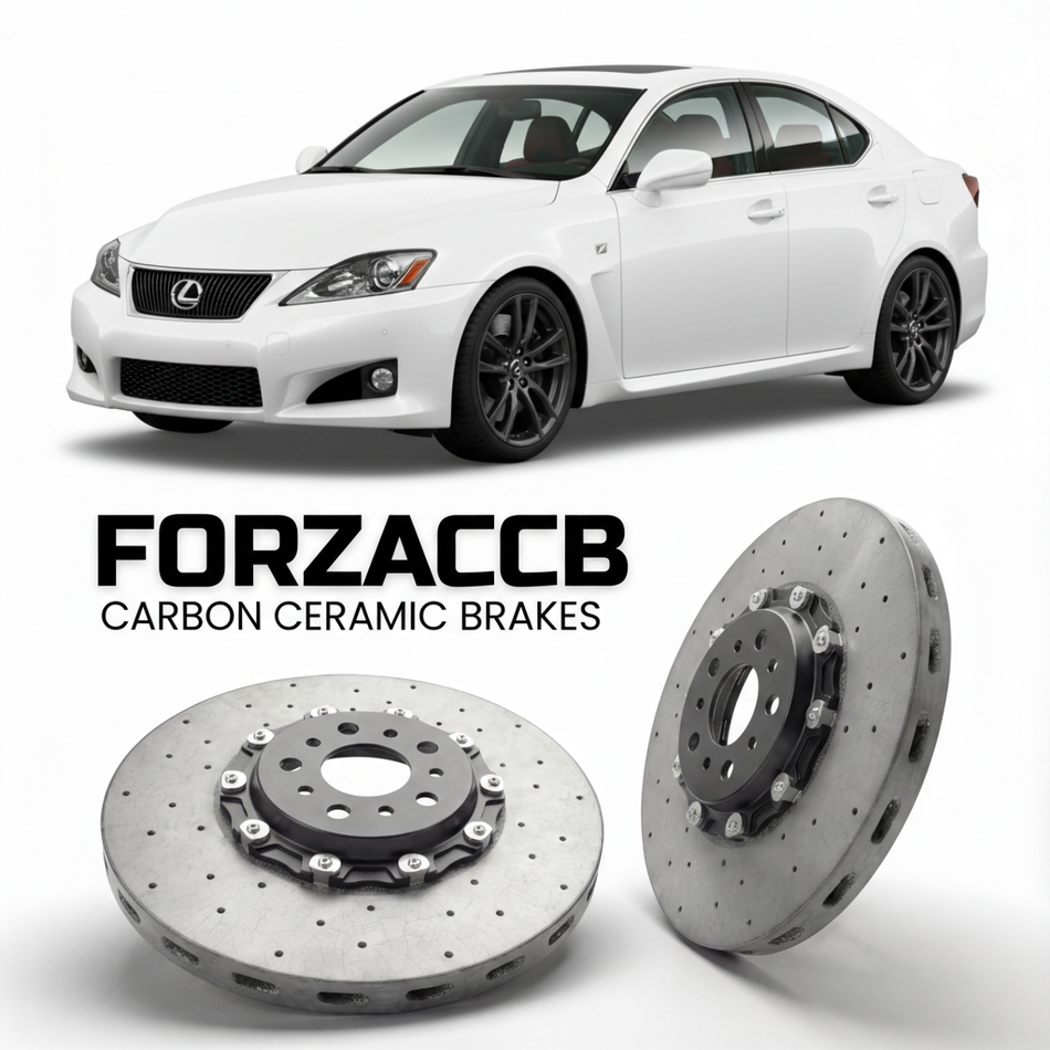 ForzaCCB direct OEM replacement carbon ceramic brake rotors for 2008 to 2014 Lexus IS F USE20 models, shown with a white Lexus IS F car.