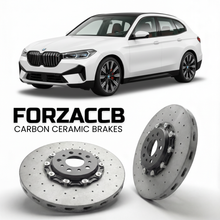ForzaCCB direct OEM replacement carbon ceramic brake rotors for 2022 and newer BMW iX1 U11 models, shown with a white BMW iX1 car.