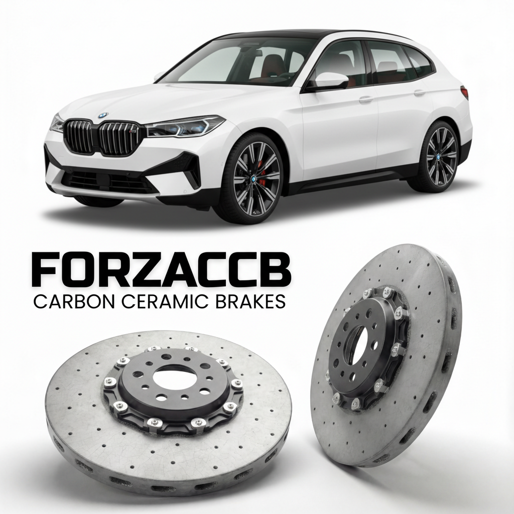 ForzaCCB direct OEM replacement carbon ceramic brake rotors for 2022 and newer BMW iX1 U11 models, shown with a white BMW iX1 car.
