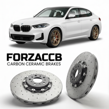 ForzaCCB direct OEM replacement carbon ceramic brake rotors for 2024 and newer BMW iX2 U10 models, shown with a white BMW iX2 car.