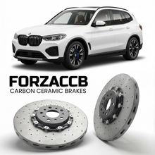 ForzaCCB direct OEM replacement carbon ceramic brake rotors for 2021 to 2025 BMW iX3 G08 models, shown with a white BMW iX3 car.