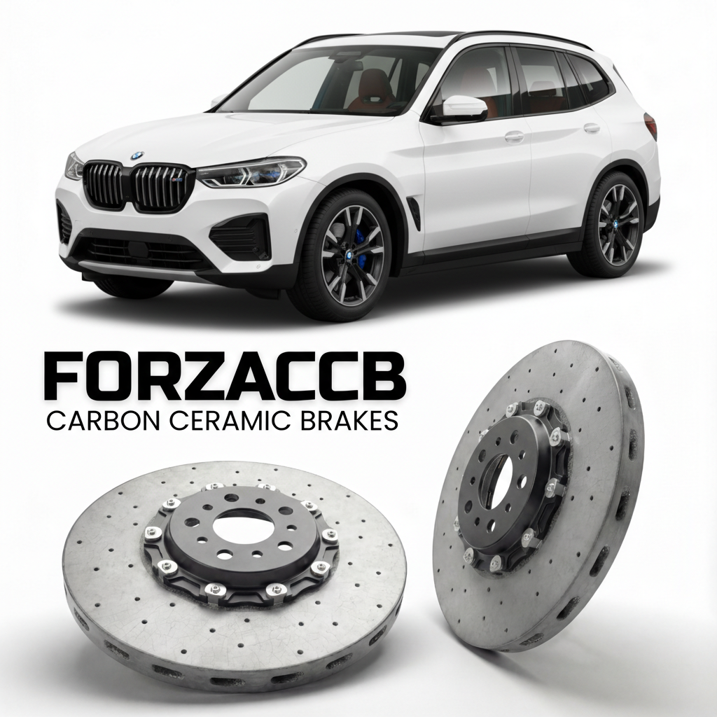 ForzaCCB direct OEM replacement carbon ceramic brake rotors for 2021 to 2025 BMW iX3 G08 models, shown with a white BMW iX3 car.