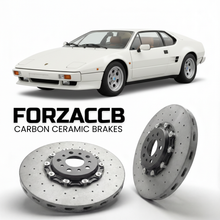 ForzaCCB direct OEM replacement carbon ceramic brake rotors for 1981 to 1988 Lamborghini Jalpa P350 models, shown with a white Lamborghini Jalpa P350 car.
