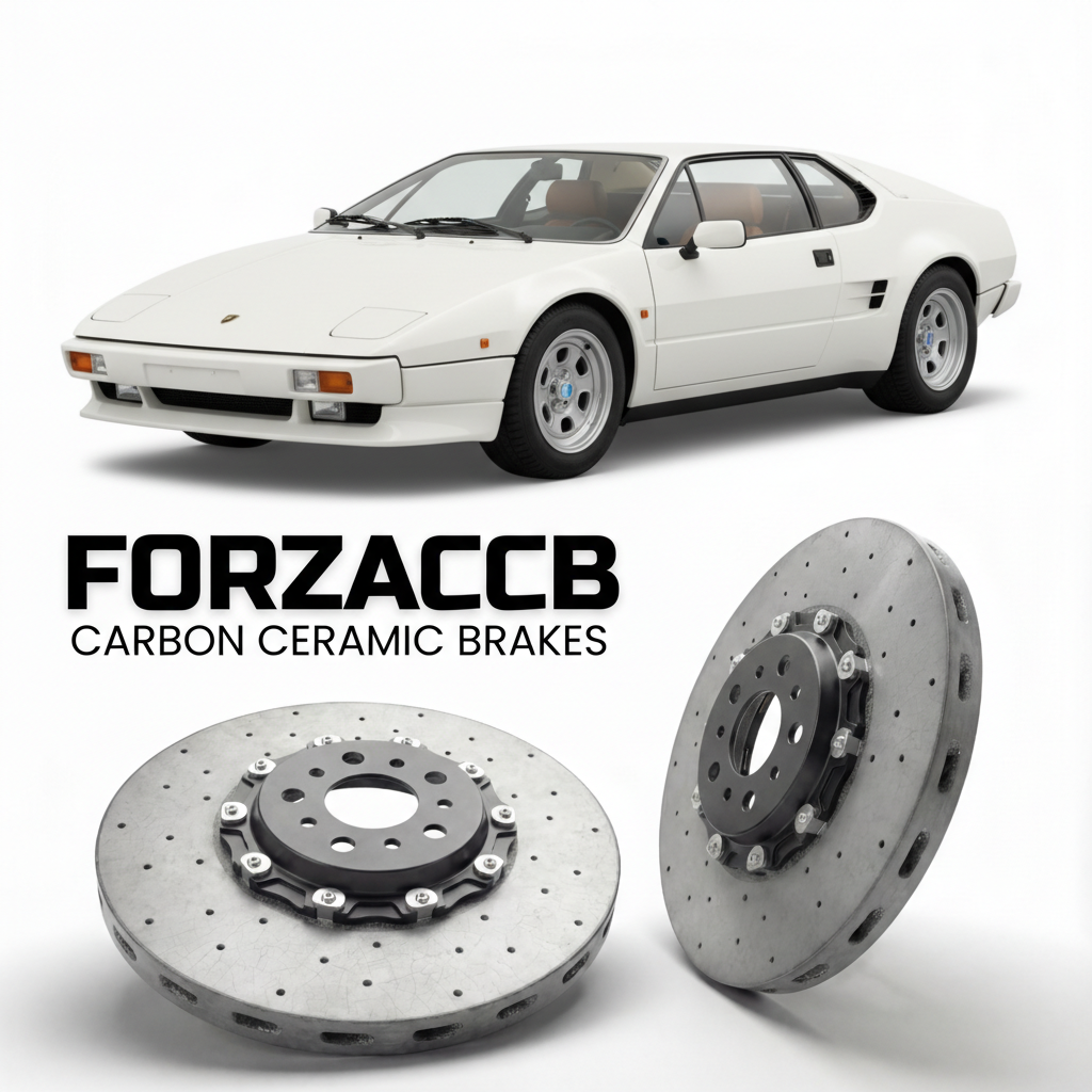 ForzaCCB direct OEM replacement carbon ceramic brake rotors for 1981 to 1988 Lamborghini Jalpa P350 models, shown with a white Lamborghini Jalpa P350 car.