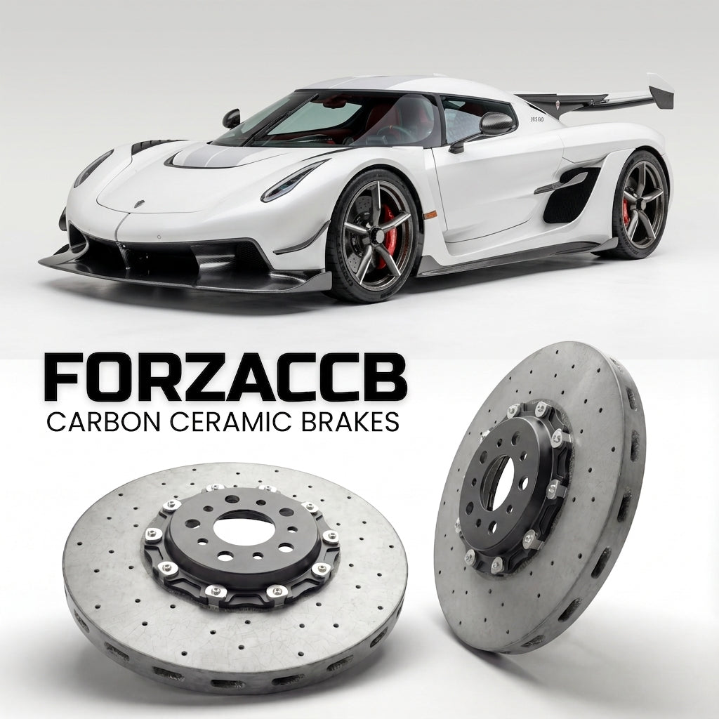 ForzaCCB direct OEM replacement carbon ceramic brake rotors for 2019 and newer Koenigsegg Jesko models, shown with a white Koenigsegg Jesko car.