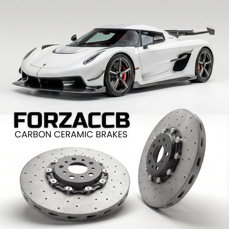 ForzaCCB direct OEM replacement carbon ceramic brake rotors for 2019 and newer Koenigsegg Jesko models, shown with a white Koenigsegg Jesko car.