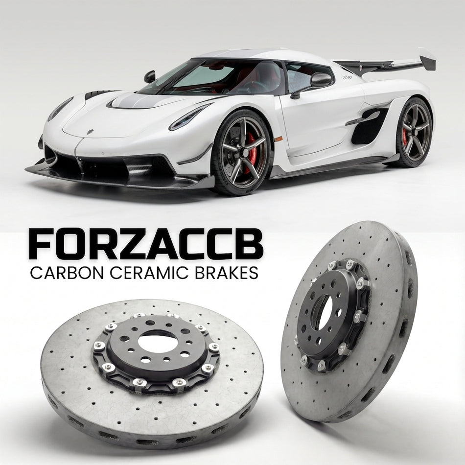 ForzaCCB direct OEM replacement carbon ceramic brake rotors for 2019 and newer Koenigsegg Jesko models, shown with a white Koenigsegg Jesko car.
