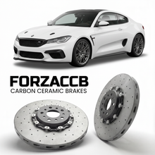 ForzaCCB direct OEM replacement carbon ceramic brake rotors for 2018 to 2026 Ligier JS2 R models, shown with a white Ligier JS2 R car.