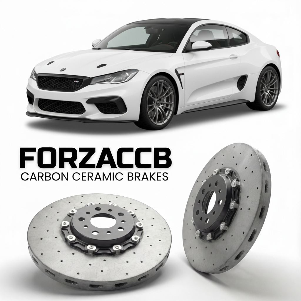 ForzaCCB direct OEM replacement carbon ceramic brake rotors for 2018 to 2026 Ligier JS2 R models, shown with a white Ligier JS2 R car.