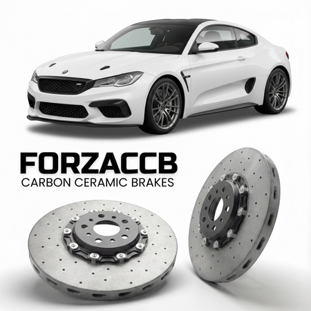 ForzaCCB direct OEM replacement carbon ceramic brake rotors for 2018 to 2026 Ligier JS2 R models, shown with a white Ligier JS2 R car.