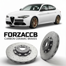ForzaCCB direct OEM replacement carbon ceramic brake rotors for 2024 and newer Alfa Romeo Junior models, shown with a white Alfa Romeo Junior car.