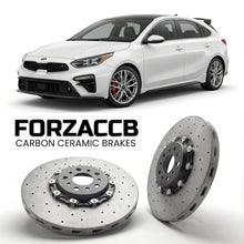 ForzaCCB direct OEM replacement carbon ceramic brake rotors for 2018 to 2021 Kia K3 Hatchback II models, shown with a white Kia K3 car.